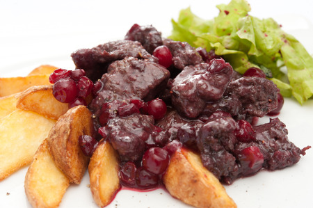 deer roast with gravy and potatoes on a white plateの写真素材