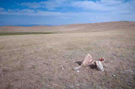 Stones in the steppe against the background of hills and sky. Free space.の写真素材