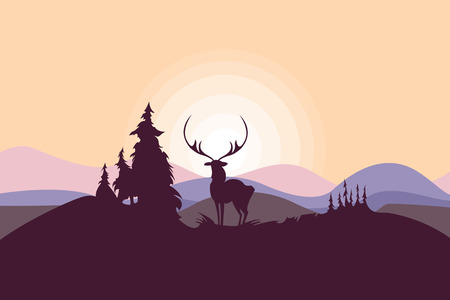 Mountain landscape with deer. Summer nature. Travel, outdoor activities, outdoor sports, vacation. Flat style.のイラスト素材