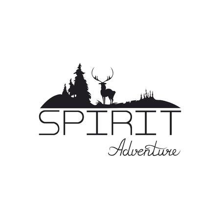The emblem with deer and trees. Handwritten calligraphy. The word "Adventure", "Spirit". Lettering. Logo. Outdoor company, camping, adventure labels. Template for your design. Vector illustration.のイラスト素材