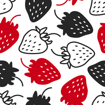 Seamless pattern with strawberries. Contrast - black, white and red, silhouette and line. Graphic. Hand drawn. Vector illustration.のイラスト素材
