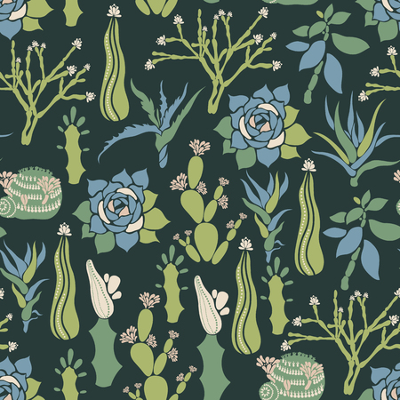 Mammillaria, Sempervivum, Euphorbia, Haworthia, Opuntia, Crassula, Aloe, Hatiora. Seamless pattern with a collection of succulents and cacti.のイラスト素材