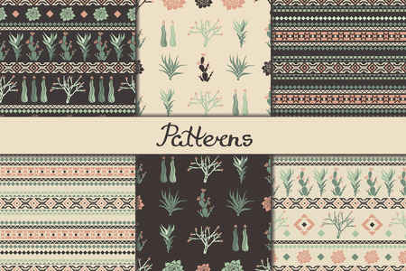 Set of seamless patterns with geometric shapes, succulents and cacti. Vector illustration.のイラスト素材