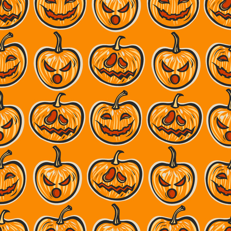 Happy Halloween. Seamless pattern with pumpkins smiling, frightening, surprised. Vector illustration.のイラスト素材