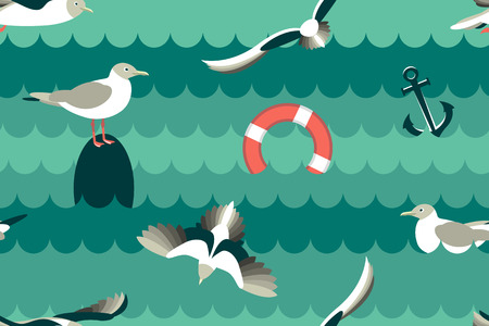The seagulls. Seamless pattern with sea birds in the style of flat.のイラスト素材