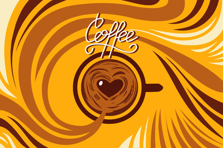 Hot cup of coffee with steam. The poster with the object and lettering. Vector illustration.のイラスト素材