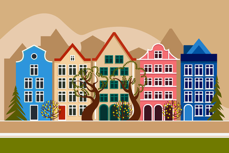 European city in the mountains. Daytime, summer, autumn, spring. City street with five houses, trees deciduous and coniferous. Urban environment. Vector illustration.のイラスト素材