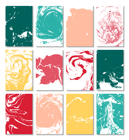 Marbling, ebru, suminagashi. Set of cards with texture, the effect of ink on the water. Abstract background. Design of cards. Vector illustration.のイラスト素材
