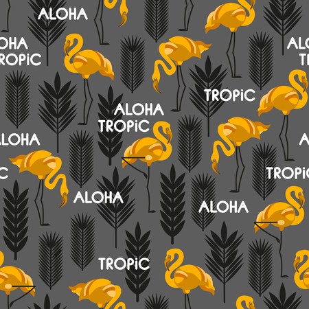 Seamless pattern with birds of flamingos and leaves of tropical plants. White, black, yellow, gray. Vector illustration.のイラスト素材