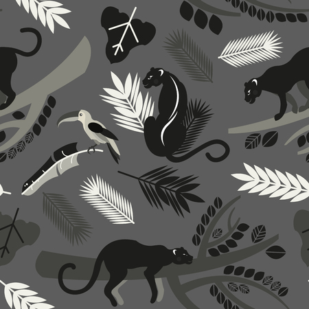 Seamless pattern with tropical leaves, branches of trees, jaguars and toucans. Flat style. Vector illustration.のイラスト素材
