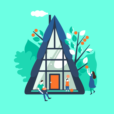 The family is harvesting fruit from the trees of its house. Autumn harvesting. Mother, father, child. Flat style. Vector illustration.のイラスト素材