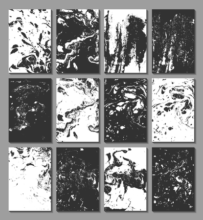 Marbling, ebru, suminagashi. Set of cards with texture, the effect of ink on the water. Abstract background. Design of cards. Vector illustration.のイラスト素材