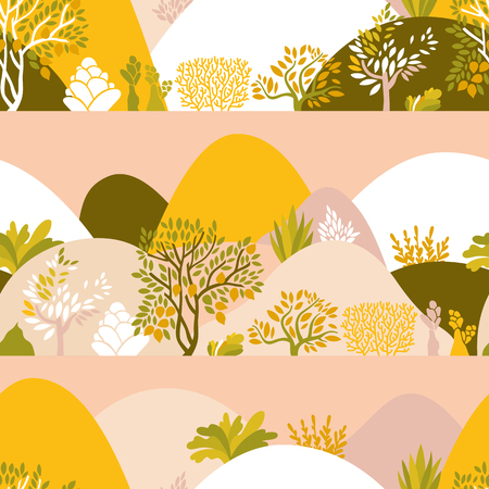 Seamless pattern hilly landscape with trees, bushes and plants. Growing plants and gardening. Protection and preservation of the environment. Earth day Vector illustration.のイラスト素材