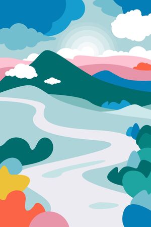 Mountain landscape with a curving river in the foreground and the forests framing it. Cumulus clouds. The poster on the theme of tourism, recreation, environmental protection. Landscape on Earth Day. Vector illustration.のイラスト素材