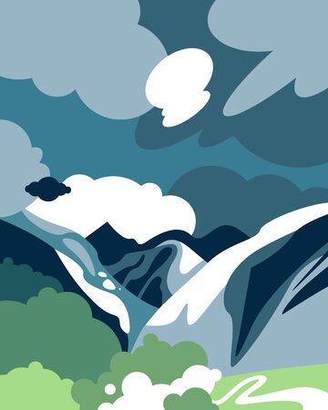 Mountain summer landscape from the foot, slopes, glaciers and snow cap. Forests and trees. Banner for tourism, ecology, preservation of the environment. Vector illustration.のイラスト素材