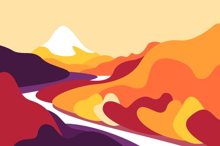 Mountain summer landscape from the foot, slopes, glaciers and snow cap. Forests and trees, river. Banner for tourism, ecology, preservation of the environment. Vector illustration.のイラスト素材