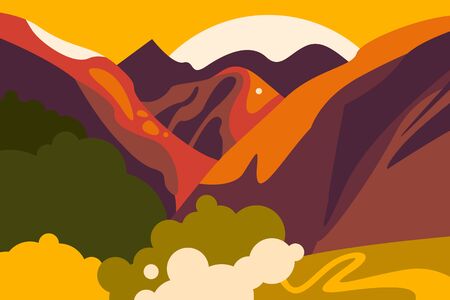 Asian landscape with mountain peaks, hills, forests and fields. Horizontal poster on the theme of tourism, environmental protection, ecology. Vector illustration in a flat style.のイラスト素材
