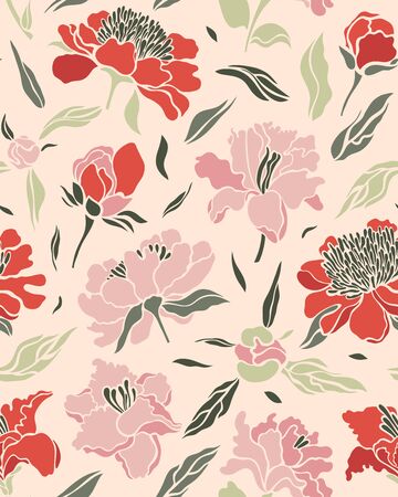 Seamless pattern with pink, red lilies and peonies on a light background. Surface design. Texture for fabric, wallpaper, paper. Vector illustration.のイラスト素材