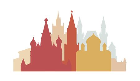Russia, the city of Moscow. The architecture of the city. Spasskaya Tower, Cathedral of Christ the Savior, St. Basil's Cathedral, Bolshoi Theater, Moscow State University. Historic architecture. Vector illustration.のイラスト素材