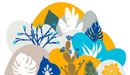 A print with a hilly landscape in which palm trees, cacti and succulents grow. Botanical tropical garden. Environmental protection. Vector illustration.のイラスト素材