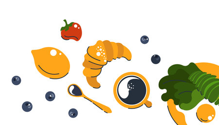 Banner with traditional breakfast. Hot coffee with croissant, egg with herbs and avocado, berries. Vector illustration.のイラスト素材