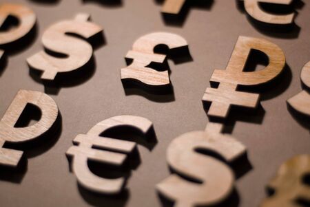 dollar, euro, pound, ruble and bitcoin icons, in bright colorsの写真素材