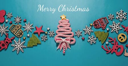 Christmas composition, web design, New Year's toys and Christmas tree, design for the site, congratulations on holidays, 
flat view topの写真素材