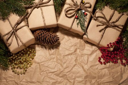 Christmas composition, gifts on retro background, vintage, beautiful old background, place for your text.の写真素材