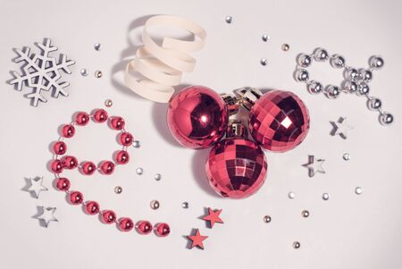 Christmas composition, Christmas toys, stars and snowflakes from wood, handmade, Christmas white background, top viewの写真素材