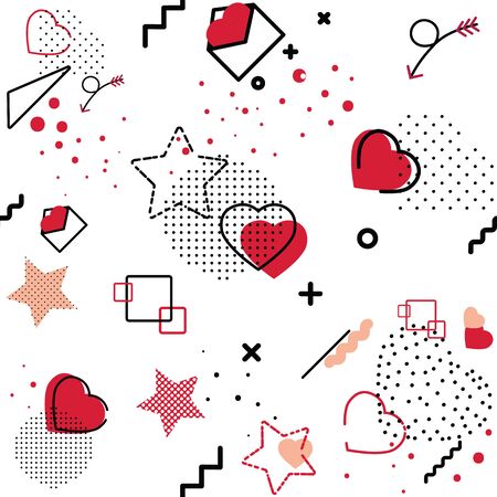 seamless vector background, geometric shapes symbols of love, hearts letters of arrows, retro style, white background, vector illustrationのイラスト素材