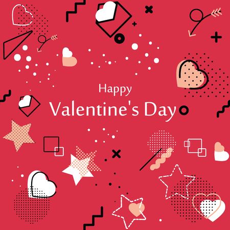 Happy Valentine's Day, seamless vector with hearts and signs symbols of love, modern geometric shapes background, red bright background, retro style of 80s 90s, invitation card with holidayのイラスト素材