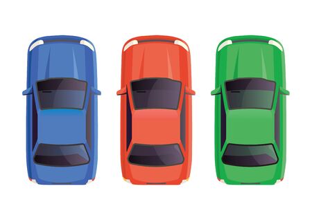 icons signs of sports modern cars top view, white isolate background, cars stand in traffic, delivery of goods, flat designのイラスト素材