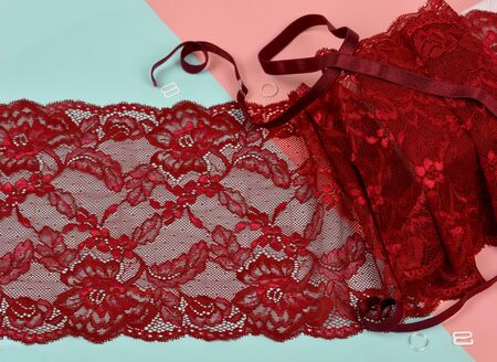 Delicate color laces for panties and bras on pink and blue background with plastic fittings. Elastic material. Using for Atelier and fabric store.の写真素材