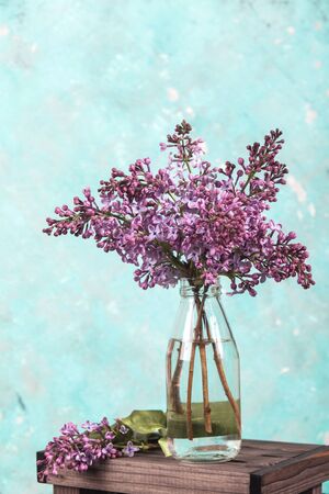 minimal composition, bouquet of lilac blossoms in glass bottle on light background. floral spring textureの写真素材