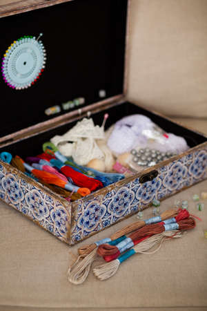 casket for needlework with flower, sewing in style interiorの写真素材
