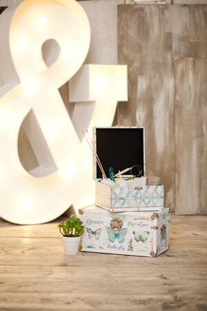 casket for needlework with flower, sewing in style interiorの写真素材