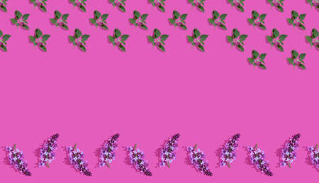 Trendy isometric Seamless continuous pattern with spring lilac flowers and green leaf. Minimalist...