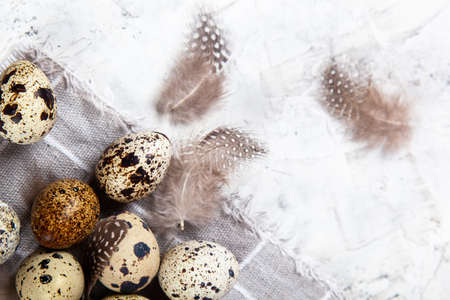 pile of Easter quail eggs on gray fabric rag on white concrete background. space for textの写真素材