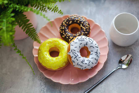 Sweet and fresh colored different donuts with chocolate frosted, glazed and sprinkles, icing topping on pink plate on concrete background.の写真素材