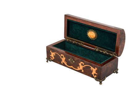 Empty Open wooden jewelry box with velvet lining and vintage accessories and Clipping Pathon white background. used for storing small things, Luxury packaging for anything.の写真素材