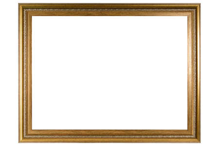 Golden Classic Old Vintage Wooden mockup canvas frame isolated on white background. Blank Beautiful and diverse subject molding baguette. Graphic material Design element. use for framing paintings, mirrors or photo.の写真素材