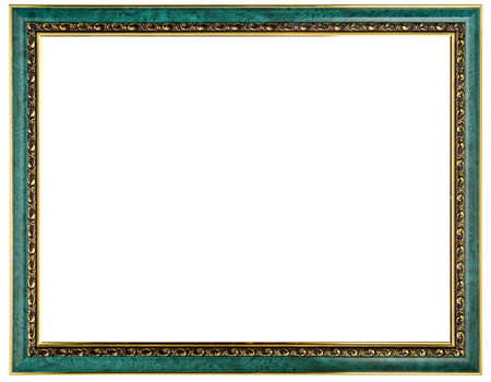 Golden Green Classic Old Vintage Wooden mockup canvas frame isolated on white background. Blank and diverse subject molding baguette. Design element. use for framing paintings, mirrors or photo.の写真素材