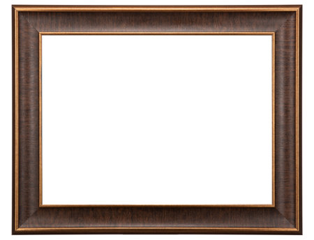Golden Brown Classic Old Vintage Wooden mockup canvas frame isolated on white background. Blank and diverse subject molding baguette. Design element. use for framing paintings, mirrors or photo.の写真素材