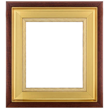 Old Vintage classic Golden Brown Wooden mockup canvas frame isolated on white background. Blank and...
