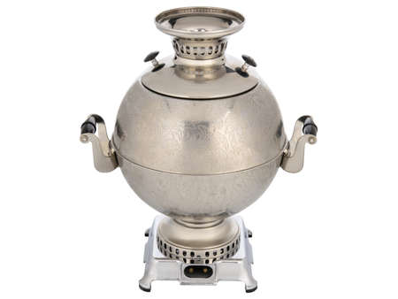 Silver Chrome Old Vintage metal Traditional Russian Teapot samovar isolated on white. Folk utensils for tea drinking, water boiler.の写真素材