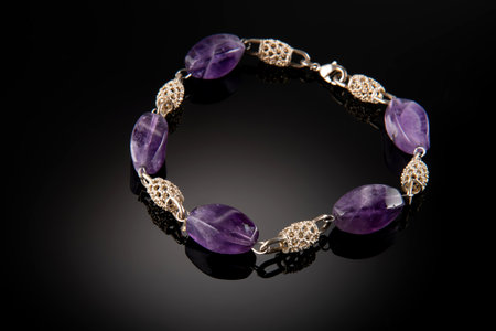 Very Peri Purple Lilac Violet Luxurious Handmade necklace of small glass beads with natural stones on black. Fashionable stylish festive and casual Jewelry accessory decoration for women.の写真素材