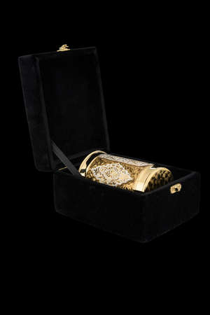 Golden Antique Vintage Brass Shot Glass Gilded in velvet box on black background. metal Wine Cup...