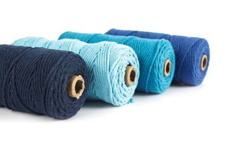 Set of Color Blue skein single strand Cotton cord rope for macrame on white. Use for DIY handcraft....