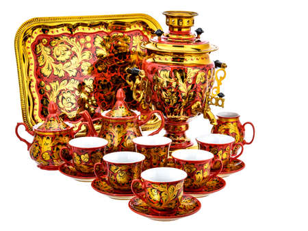 Red Gold Tea Set of Old Traditional Russian folk utensils. Dishes with handmade painting floral...