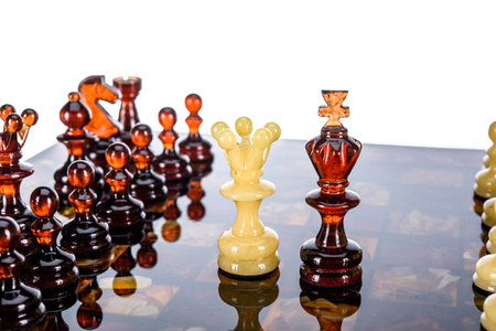 Natural amber different chess pieces figures standing on brown stone board. Close up game concept competition, Classic Gambit Tournament of confrontation.の写真素材